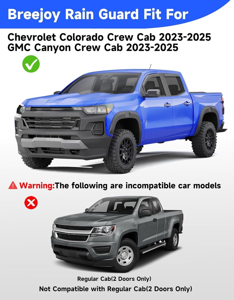 Breejoy in-Channel Rain Guards Fit for Truck Chevy Colorado/GMC Canyon 2023 2024 2025 2026 Crew Cab Window Rain Guards Visors Vent Visors Window Deflector Vent Shades Car Accessories -4 pcs - Image 3